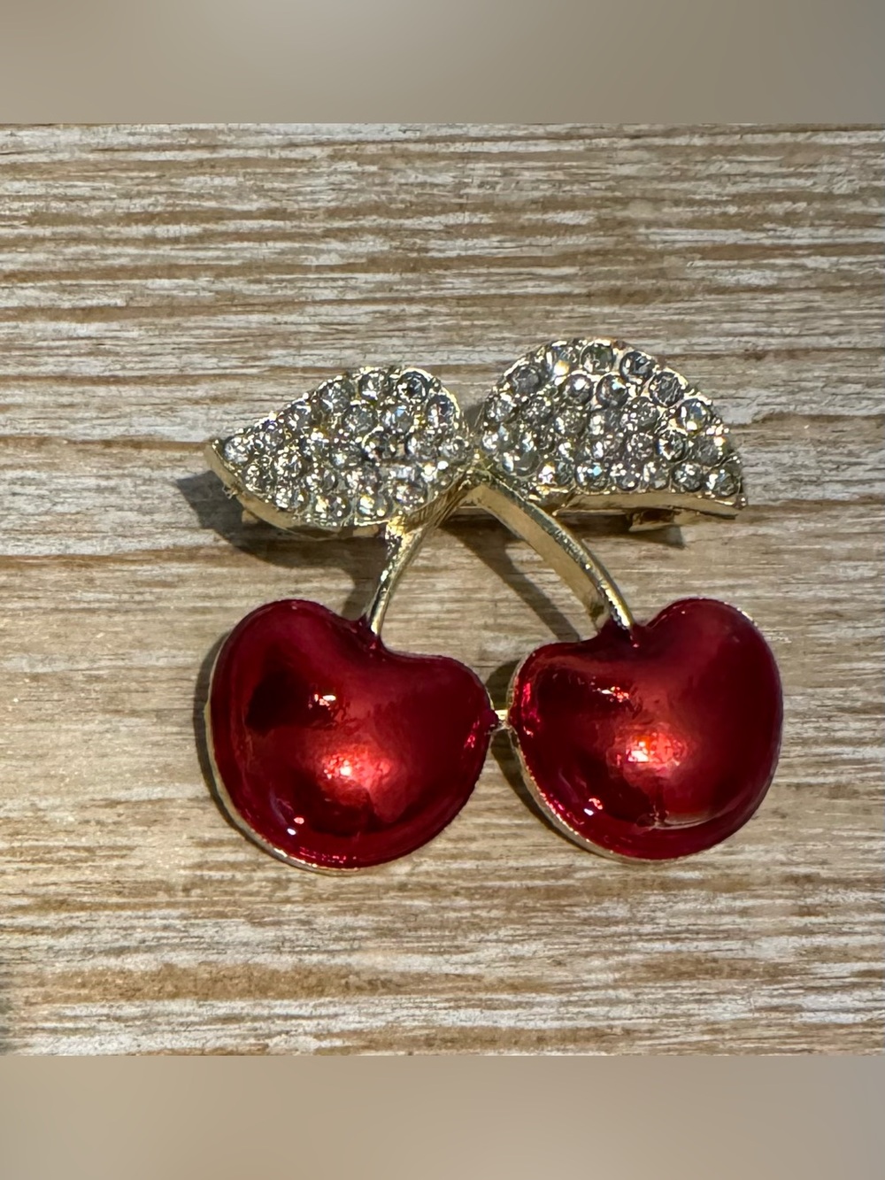 Gold-Tone Red Cherry Brooch with Sparkling Leaves